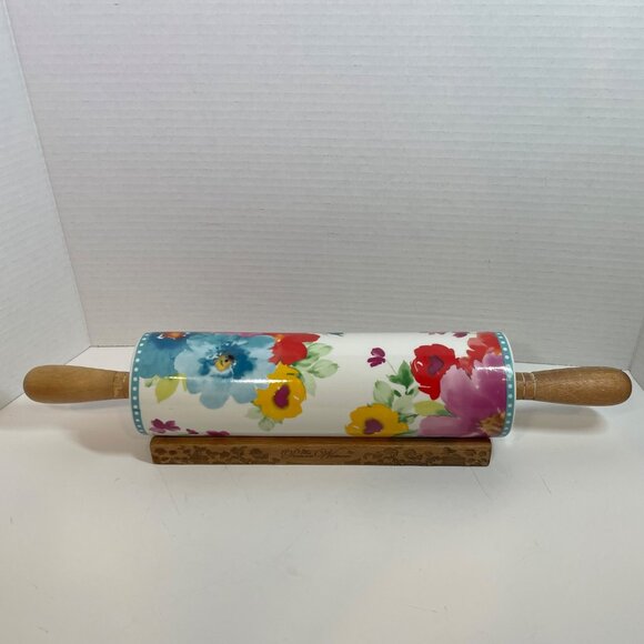 Floral Ceramic Rolling Pin With Wooden Handles & Stand By The Pioneer Woman - Picture 3 of 15